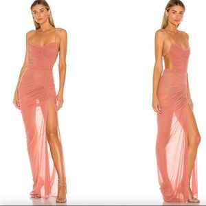 Michael Costello Coral Ruched Sheer Maxi Dress
